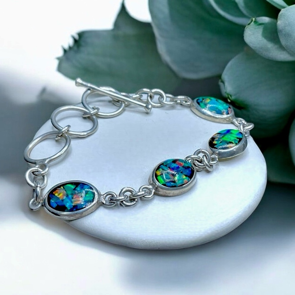 🌺Vintage Sterling & Mosaic Opal Bracelet